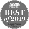 A Seattle magazine badge reading “Best of 2019” and “Readers’ Choice Dinner Venue.”.