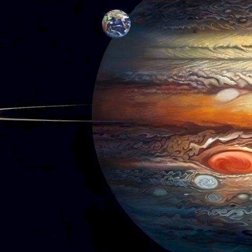 A colorful gas giant with swirling bands, with Earth hovering above it in space, captured as a distant planetary vista.