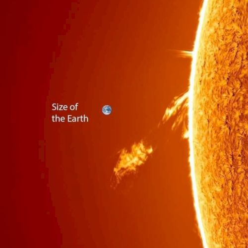 A tiny Earth-sized blue dot compared to the massive glowing edge of the Sun, illustrating the Earth&ndash;Sun scale.