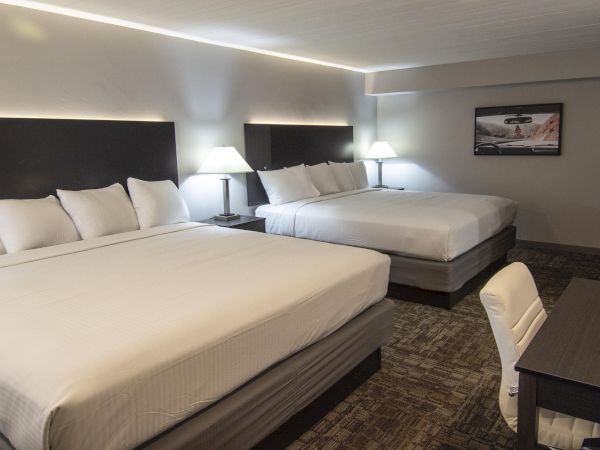 Two large hotel rooms side by side with plush white beds, nightstands, lamps, a desk, chair, plant, and a wall-mounted TV in a modern suite.
