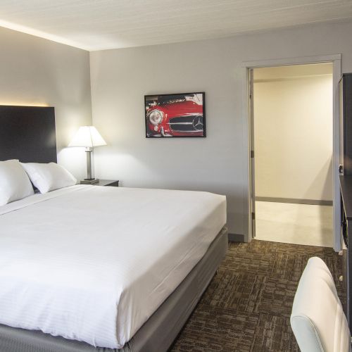 A modern hotel room with a neatly made bed, bedside lamp, framed car art, TV in a dark cabinet, and a small plant.