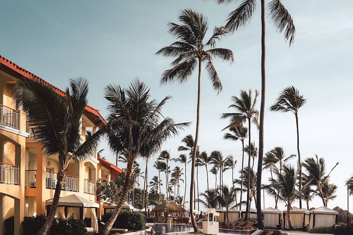 Sunlit hotel pool with lounge chairs and tall palm trees swaying beside cabanas—classic tropical resort vibes.